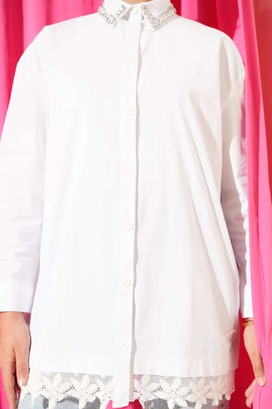 Yakası Taşlı Dantelli Gömlek Beyaz - Resim 4