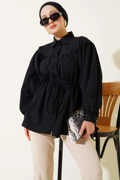 Önü Büzgülü Bel Tünelli Gömlek Siyah ürün görseli 1