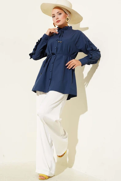 Hakim Yaka Fırfırlı Gömlek Lacivert - Resim 2