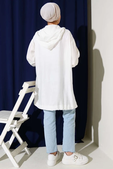 Çift Cepli Kapüşonlu Kap Beyaz - Resim 3