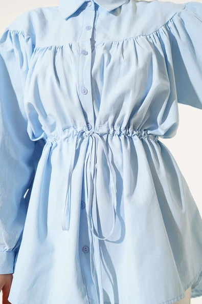 Önü Büzgülü Bel Tünelli Gömlek Bebe Mavi - Resim 4