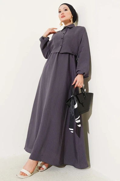 İnce Çizgili Tensel Elbise Füme ürün görseli 1