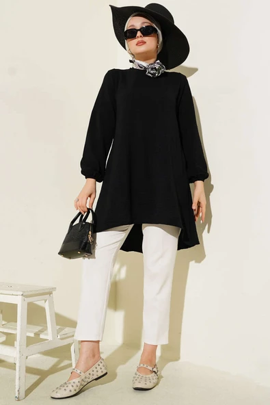 Bisiklet Yaka Biyeli Ayrobin Tunik Siyah - Resim 2