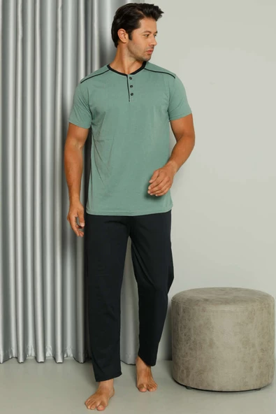 Şerit Detaylı Kısa Kol Erkek Pijama Takımı Yeşil ürün görseli 1