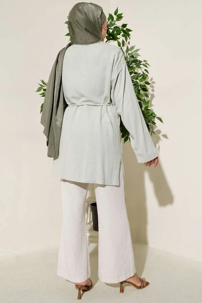 Önü Düğme Detaylı Keten Tunik Çağla Yeşili - Resim 3