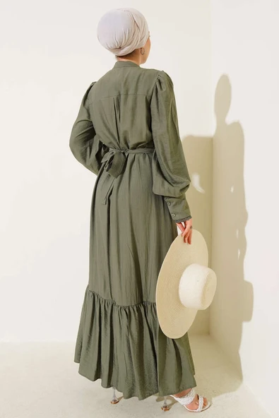 Etek Pileli Kuşaklı Elbise Haki - 3