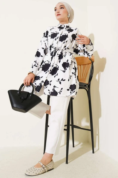 Minik Yaprak Desenli İp Kuşaklı Gömlek Siyah - Resim 2