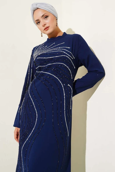 Taş Süs Detaylı Abiye Elbise Lacivert - Resim 2
