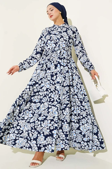 Hakim Yaka Bel Tünelli Desenli Elbise Lacivert ürün görseli 1