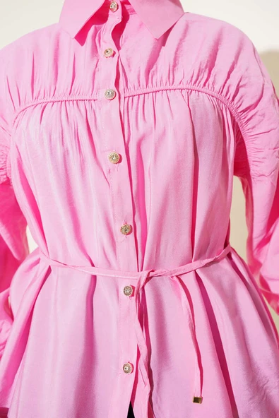 Önü Büzgülü İp Bağcıklı Gömlek Pembe - Resim 4