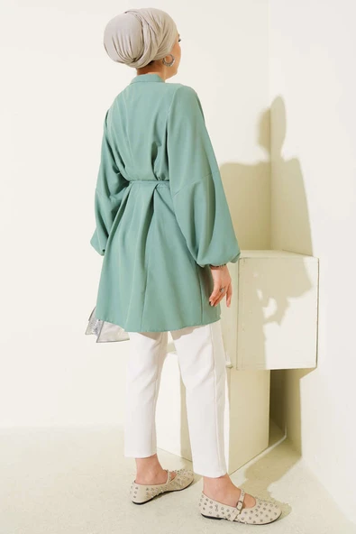 Taşlı Brit Düğmeli Terikoton Gömlek Tunik Mint - Resim 3