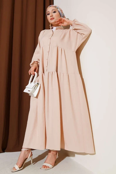 Hakim Yaka Yarım Düğmeli Patlı Elbise Bej ürün görseli 1