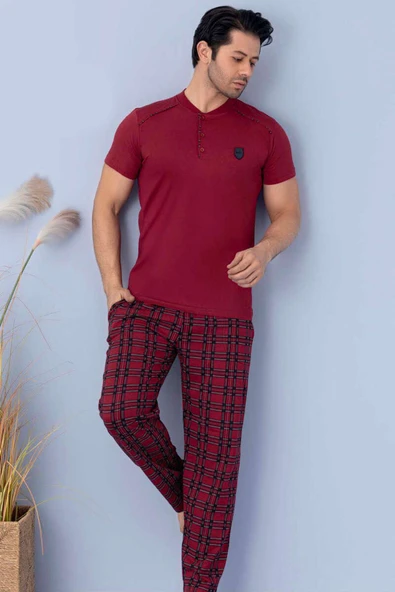 Kare Çizgili Kısa Kol Erkek Pijama Takım Bordo ürün görseli 1