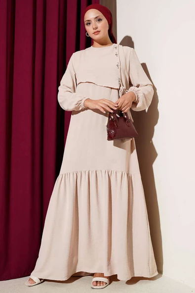 Taşlı Kuş Gözü Detaylı Bağlamalı Elbise Bej ürün görseli 1