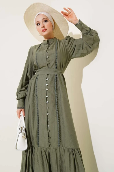 Etek Pileli Kuşaklı Elbise Haki - 2