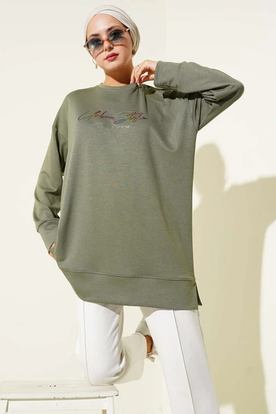 Loyşa Renkli Yazılı Tunik Haki ürün görseli 1