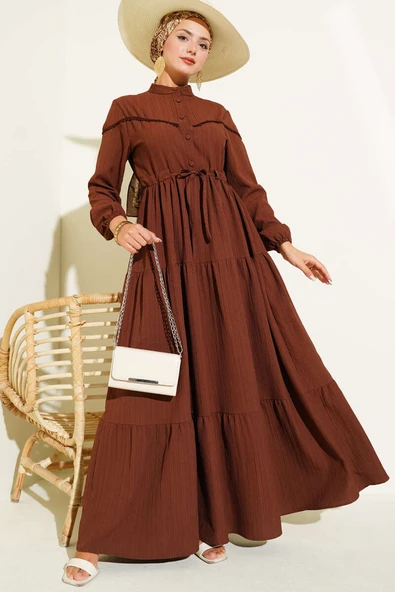 Bel Tünelli Düğmeli Ağaç Kabuğu Elbise Kahve - Resim 2