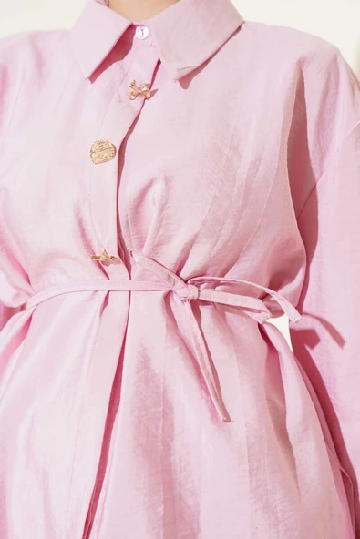 Metal Fiyonk Düğmeli Gömlek Pembe - Resim 4