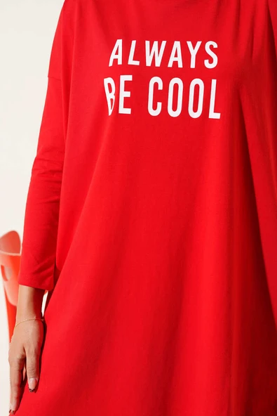 Always Be Cool Baskılı Tunik Kırmızı - Resim 4