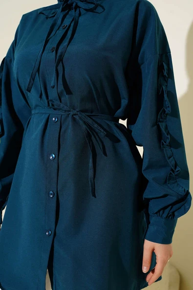 Kol Fırfırlı İp Kuşaklı Gömlek Petrol - Resim 4