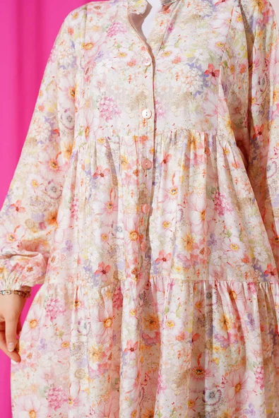 Hakim Yaka Çiçekli Kat Elbise Pembe - Resim 4