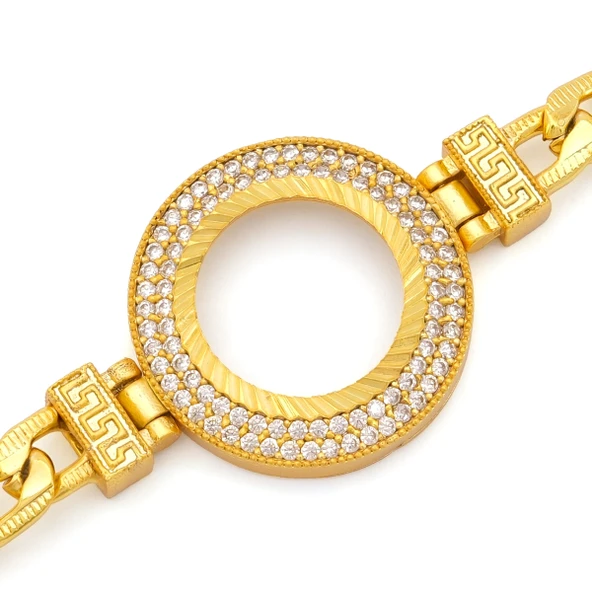 Altın Kaplama İmitasyon 2 Sıra Zirkon Taşlı Desenli Figaro Çeyrek Çerçeve Bileklik BLK-1169 - 3