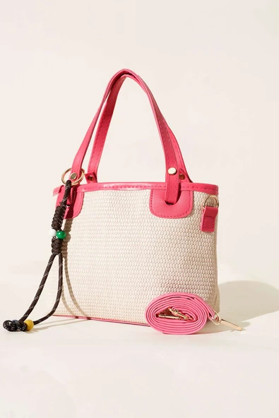 Bağcık Süs Detaylı Hasır Çanta Pembe ürün görseli