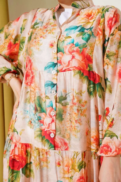 Ebruli Gül Desenli Elbise Yeşil - Resim 4