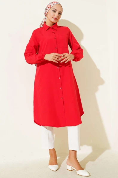 Gömlek Yaka Tek Cepli Uzun Gömlek Kırmızı - Resim 2