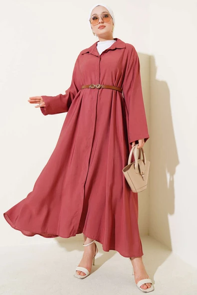 Boydan Düğmeli Kemerli Basic Elbise Gül Kurusu ürün görseli 1