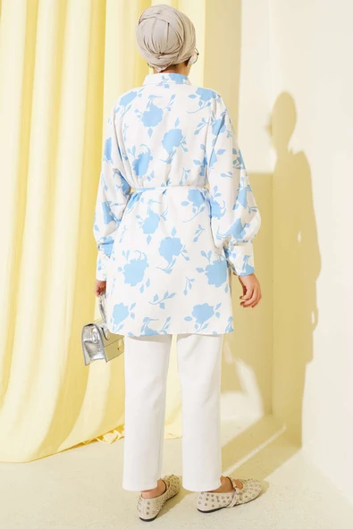 Minik Yaprak Desenli İp Kuşaklı Gömlek Mavi - Resim 3