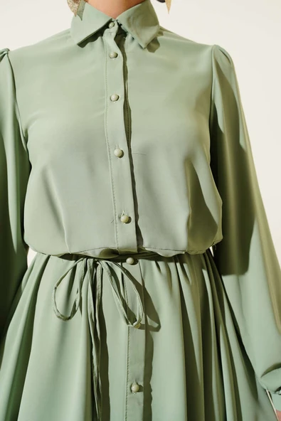 Boydan Düğmeli İp Kuşaklı Elbise Çağla Yeşili - Resim 4