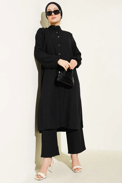 Hakim Yaka Uzun Tunik İkili Takım Siyah ürün görseli 1