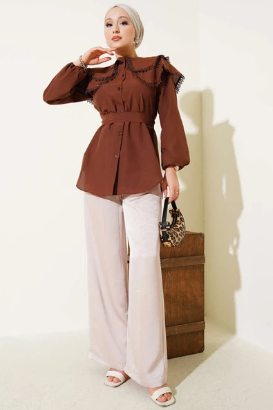 Bebe Yaka Dantelli Gömlek Kahve - Resim 2