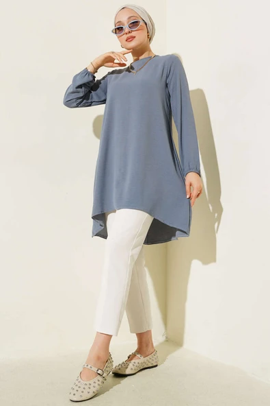 Bisiklet Yaka Biyeli Ayrobin Tunik Kayrak Grisi - Resim 2