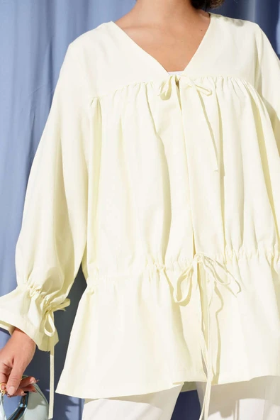 Tünelli Büzgülü Kimono Sarı - 4