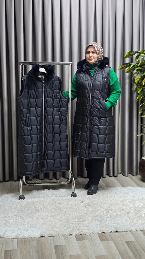 Kadın Tesettür Büyük Beden Kapüşonlu Fermuarlı Kürklü Piramit Desen Şişme Kapitone Yelek ürün görseli