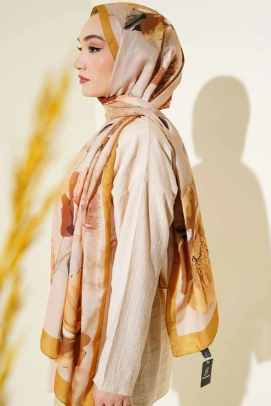 Retro Çiçek Desenli Şal Sarı - Resim 3