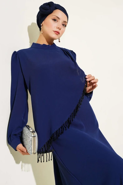 Çapraz Taş Süslemeli Abiye Elbise Lacivert - Resim 2