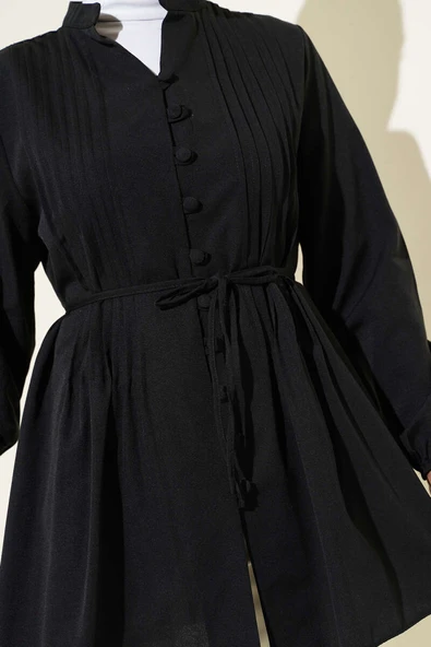 Önü Pileli Terikoton Gömlek Siyah - Resim 4