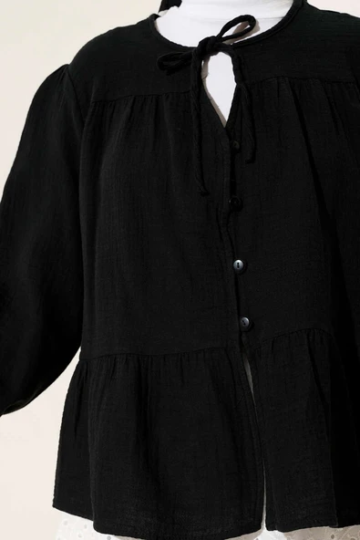 Brit Düğme Detaylı Bluz Siyah - Resim 4