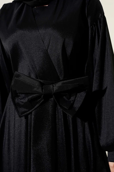 Kurdele Kuşaklı Abiye Elbise Siyah - 4