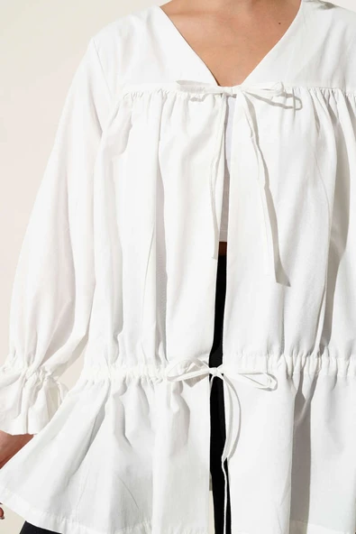Tünelli Büzgülü Kimono Beyaz - Resim 4