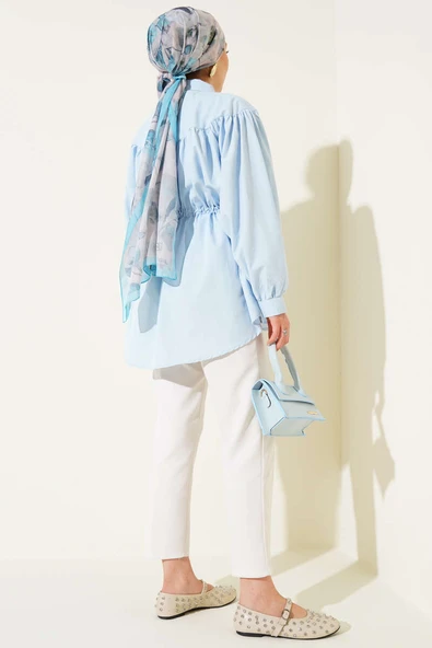 Önü Büzgülü Bel Tünelli Gömlek Bebe Mavi - Resim 3