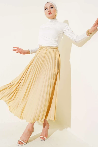 Fırfırlı Pileli Bel Lastikli Etek Kum Bej - 2