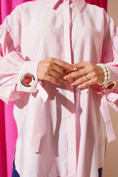 Kuş Gözü Detaylı Balon Kol Gömlek Pembe - Resim 4