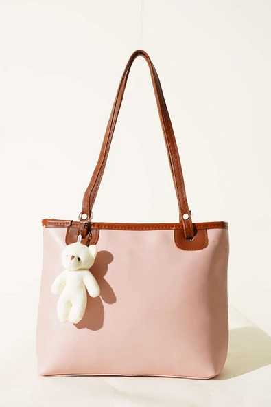 İnce Kulplu Ayıcık Aksesuarlı Çanta Pudra - Resim 2