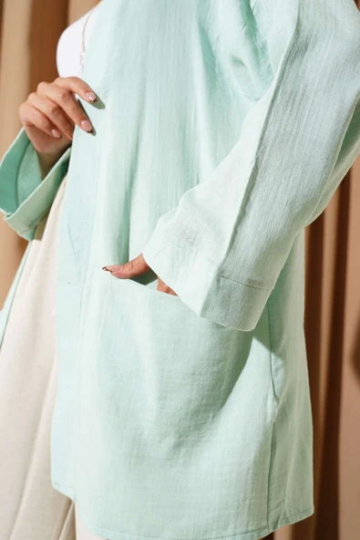 Çift Cepli Müslin Hırka Çağla Yeşili - Resim 4
