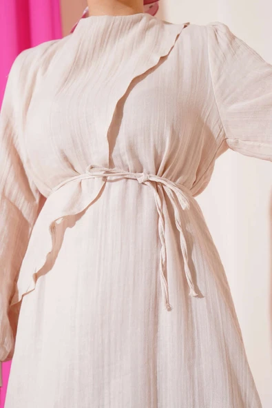 Pelerinli İp Kuşaklı Elbise Bej - Resim 4