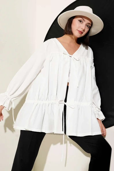 Tünelli Büzgülü Kimono Beyaz ürün görseli 1